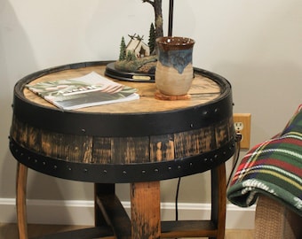 AmishToyBox.com Rustic Barrel Top End Table, Reclaimed Whiskey Barrel Table with Barrel Rings, Amish-Made