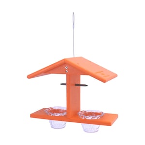 May include: Orange plastic bird feeder with two clear glass bowls and a roof. The feeder has a metal hook for hanging.