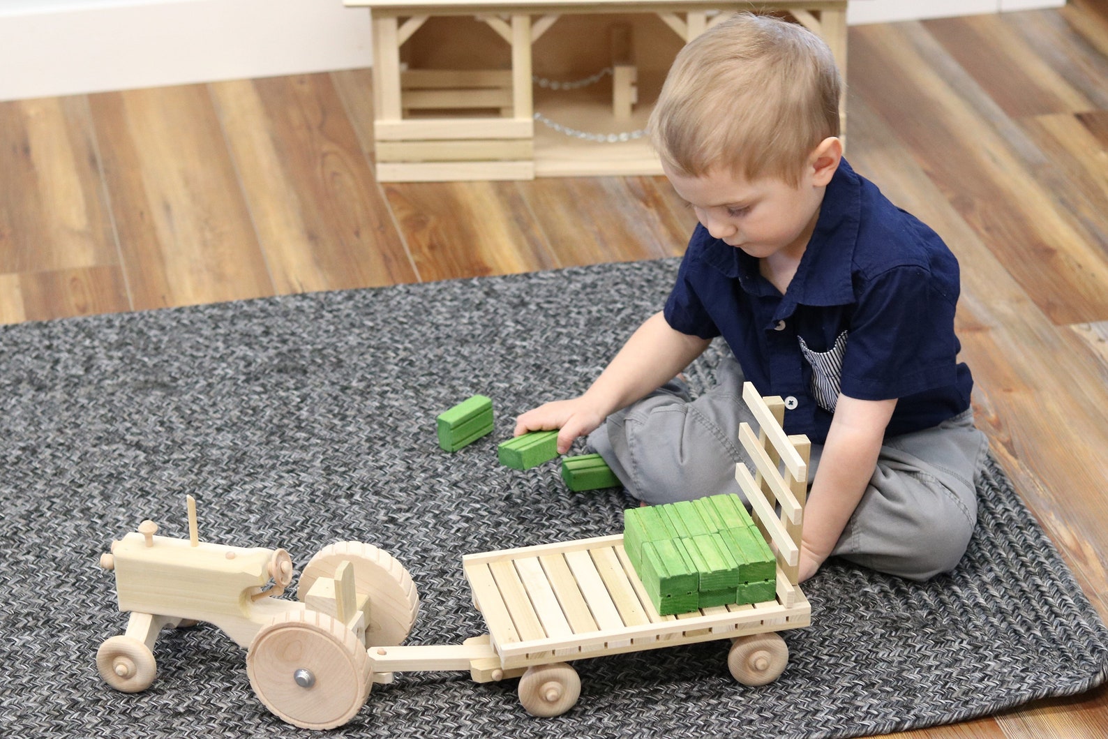 Amish-made Wooden Toy Tractor & Hay Wagon Set With Hay Bales - Etsy