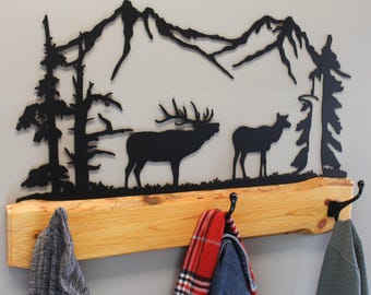 AmishToyBox.com Rustic Coat Rack With 3 Hooks - Pine Wood Coat Hanger with Wilderness Metal Art Silhouette