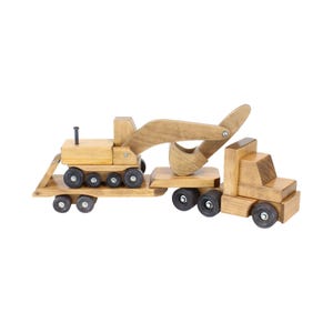 Large Wooden Semi Flatbed Truck Toy Set with Excavator, Amish-Made