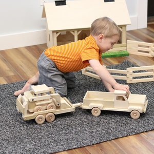 AmishToyBox.com Wooden Toy Pickup Truck and Flatbed Trailer with Skidloader Set