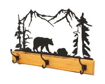 AmishToyBox.com Wood and Metal Coat Rack, with 3 Hooks and Rustic Metal Art, Amish-Made, Bear, Deer, Or Elk With Wilderness Silhouette