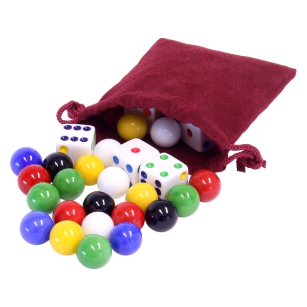 Game Bag of 24 Glass Marbles (9/16" Diameter) and 6 Dice for Aggravation Game