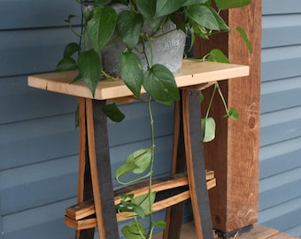 AmishToyBox.com Rustic Plant Stand or End Table with Wormy Maple Top and Barrel Stave Legs
