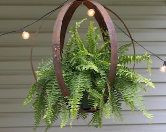 AmishToyBox.com Rustic Hanging Plant Holder, Made with Reclaimed Whiskey Barrel Rings, Large 3 Ring Flower Planter, Amish-Made