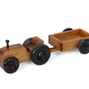 Amish-Made Wooden Small Toy Tractor and Wagon Set