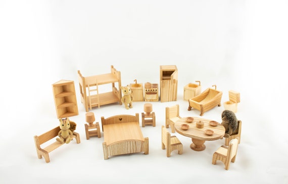 Wooden Doll House Toy with 16 Piece Doll-House Furniture Set –