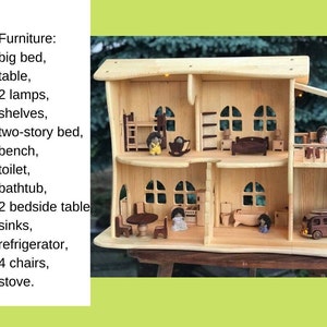 Wooden Dollhouse Christmas Kids Gifts 1st Birthday Alder wood Dollhouse with Fireplace & Redwood furniture Dollhouse kit Wooden Eco Toy image 8