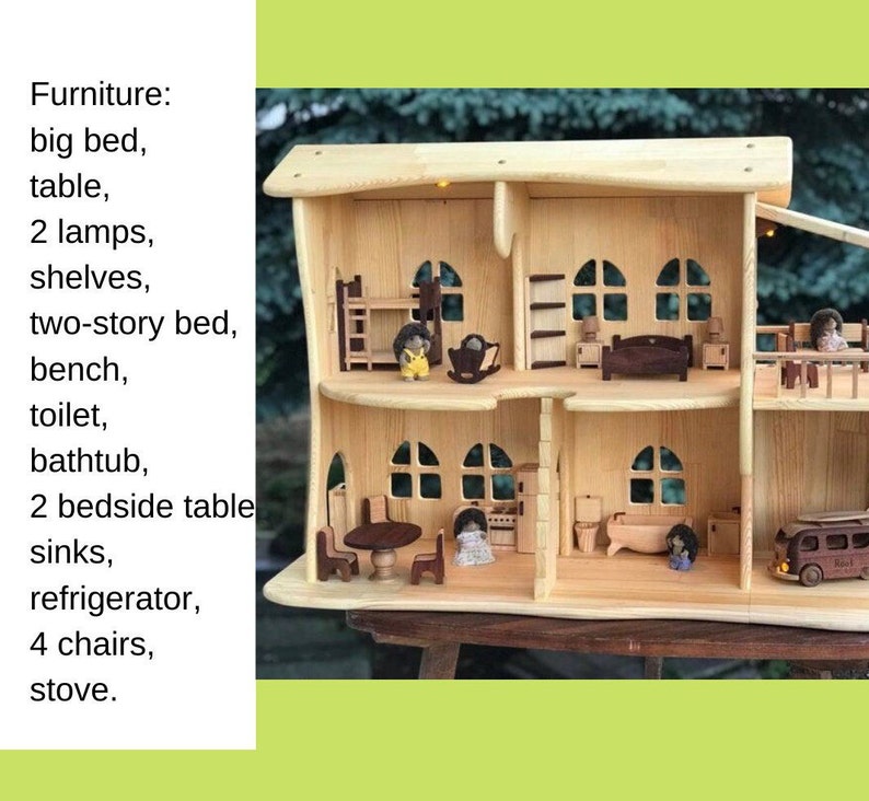 Wooden Dollhouse Christmas Kids Gifts 1st Birthday Alder wood Dollhouse with Fireplace & Redwood furniture Dollhouse kit Wooden Eco Toy image 8