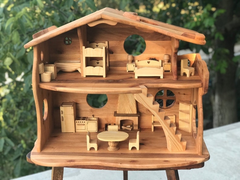 Large Dollhouse with Fireplace & Furniture 1:16 Scale Christmas kids gift 1st Birthday Niece gift Alder-Wood Fairy Forest Creatures image 1