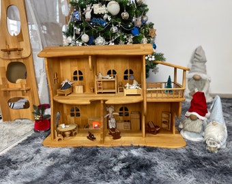 Große Erle Holz Puppenhaus Weihnachtsgeschenk für Kind 1/16 Puppenhaus mit Möbeln Holz Öko-Spielzeug Personalisiertes Puppenhaus Kit