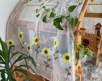 Waldorf fabric Embroidery white Sunflower Spring leaves Canopy for Playstands Kids Birthday gift Scarf Chiffon for playhouse Montessori