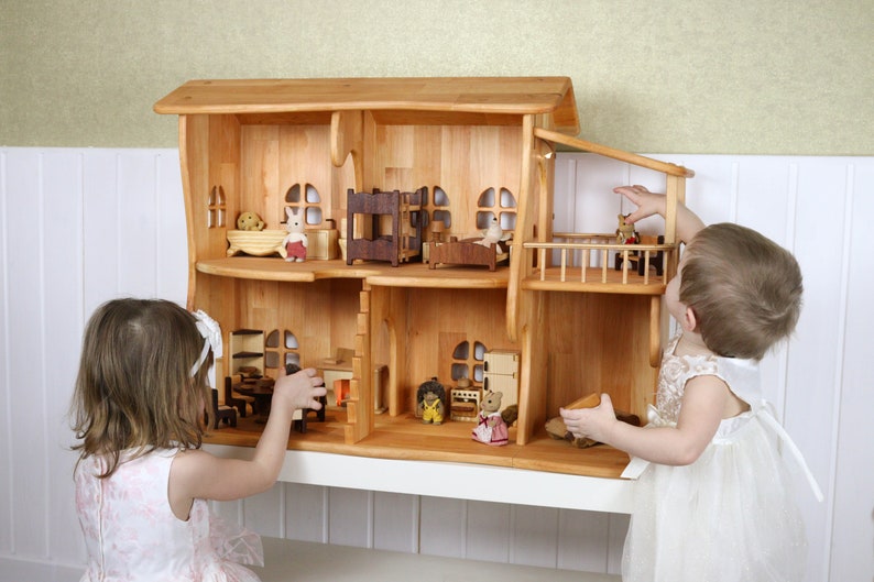 Wooden Dollhouse Christmas Kids Gifts 1st Birthday Alder wood Dollhouse with Fireplace & Redwood furniture Dollhouse kit Wooden Eco Toy image 5