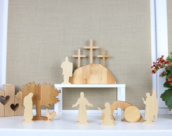 Easter display Wooden Easter nativity decor Personalized gifts scene Story of Jesus Resurrection From The Tomb He is Risen Angel Calvary