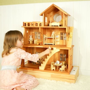 Wooden Stackable Dollhouse Kit Birthday gift for kid Three story dollhouse 1:16 Scale 3/4,Alder/Maple Wooden Eco toy Dollhouse kit