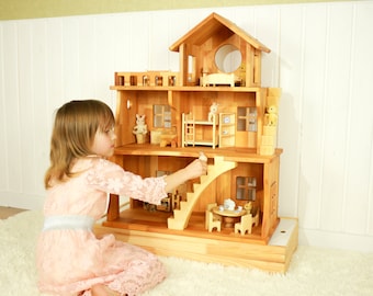 Holz stapelbar Puppenhaus Kit Weihnachten Geburtstagsgeschenk für Kind Drei Geschichte Puppenhaus 1:16 Maßstab 3/4, Erle / Ahorn Holz Öko-Spielzeug Puppenhaus Kit