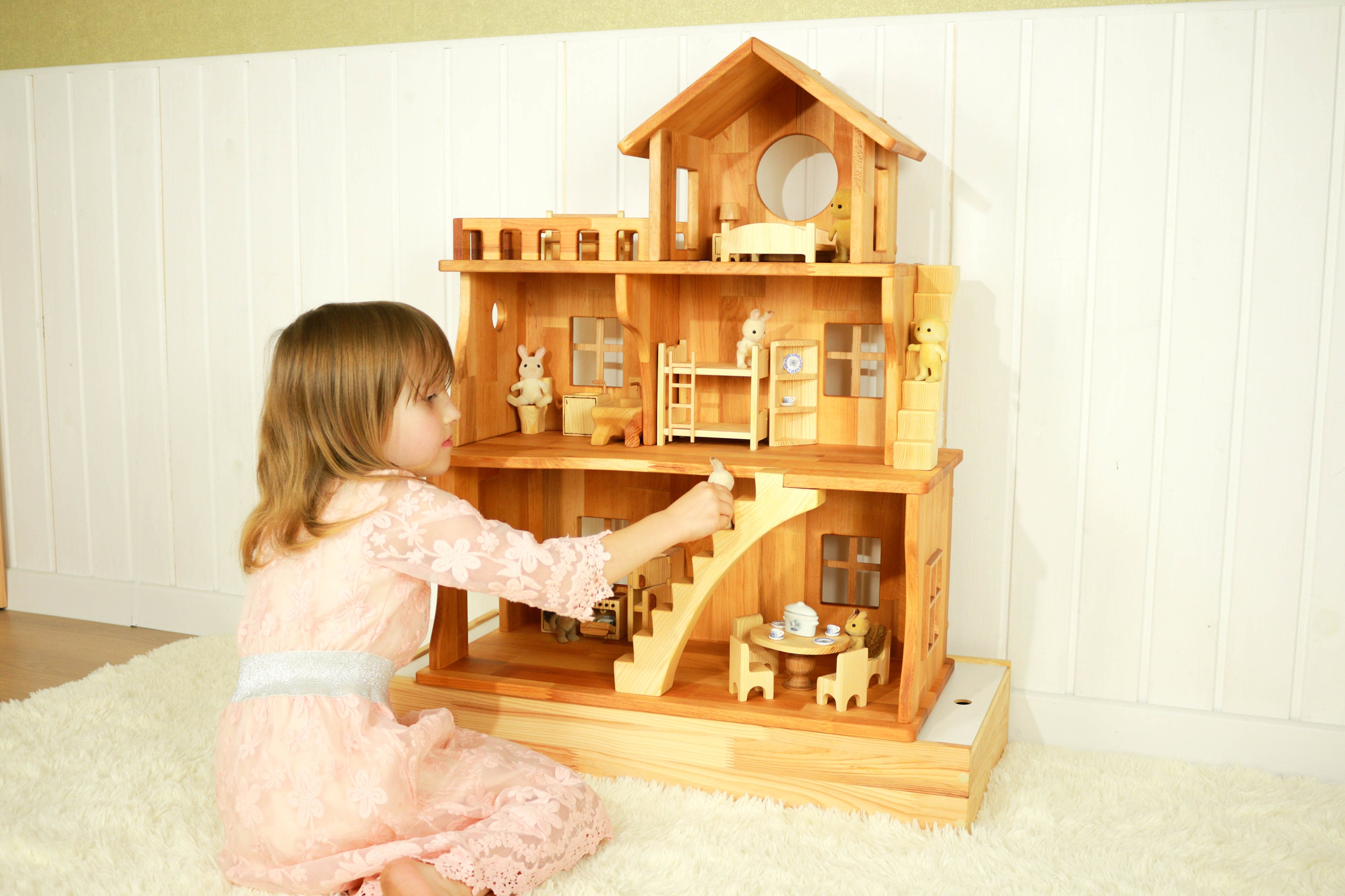 Vintage Custom Handmade 9 Room 3 Story Dollhouse