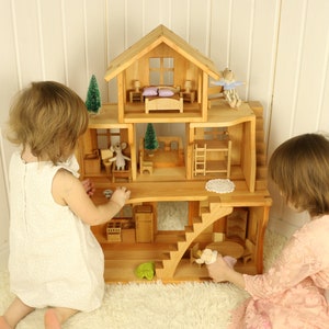 Waldorf Dollhouse kit Christmas kids gift 1st Birthday Niece gift from aunt Alder wood Stackable Dollhouse with furniture 1:16