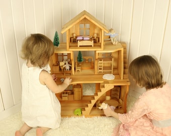 Waldorf Dollhouse kit Christmas kids gift 1st Birthday Niece gift from aunt Alder wood Stackable Dollhouse with furniture 1:16