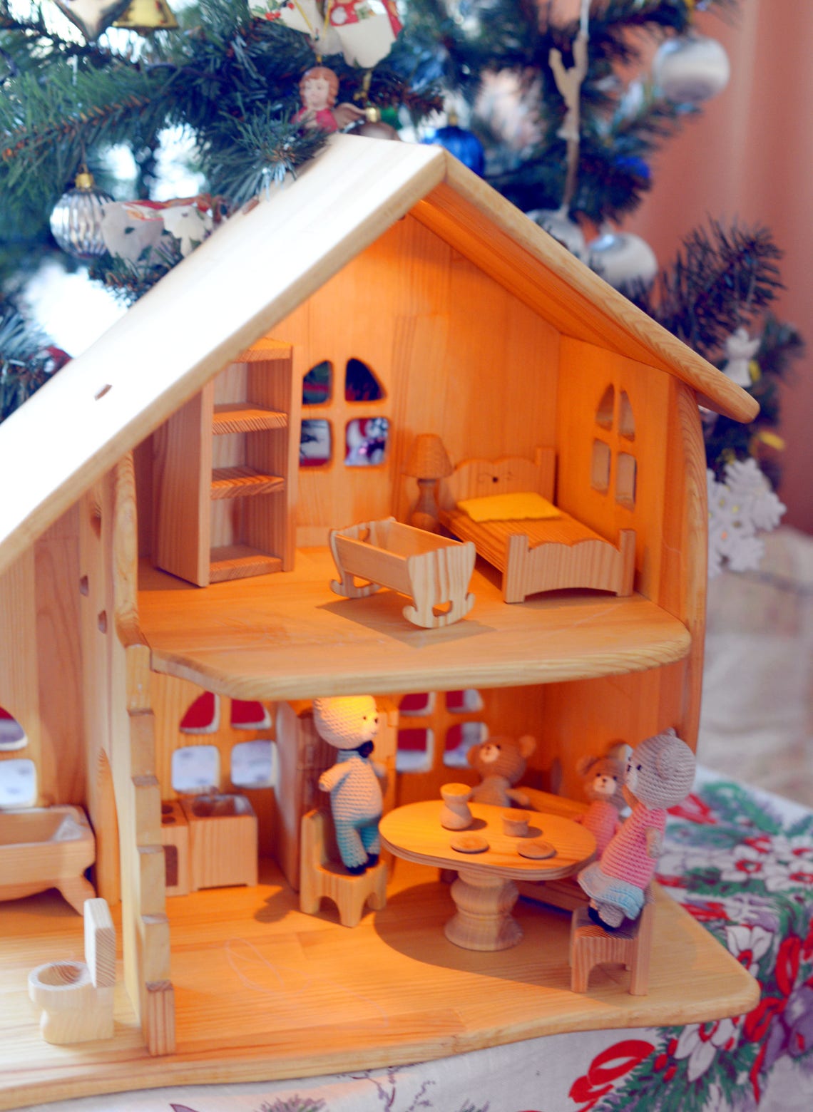 Large PineWood dollhouse with light & furniture Dollhouse Etsy