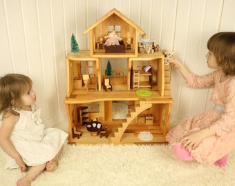 Dollhouse with Red wood furniture kids gift 1st Birthday Niece Large Alder wood stackable dollhouse 1:16 Personalized toy