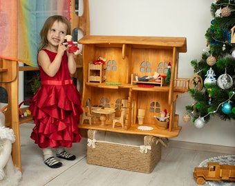 Maileg Puppenhaus für Kinder, Waldorf-Puppenhaus-Set, mit Möbeln, Weihnachtsgeschenk für Kinder, 1. Geburtstag, Erlenholz, Maßstab 1:12, handgefertigtes Holzspielzeug