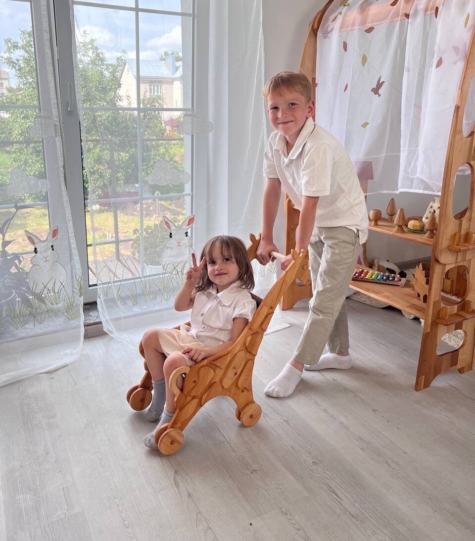 Wooden stroller for dolls Christmas Gift for a kid Stroller in a shape of giraffe Montessori waldorf toys Wooden eco toy Personalized toy