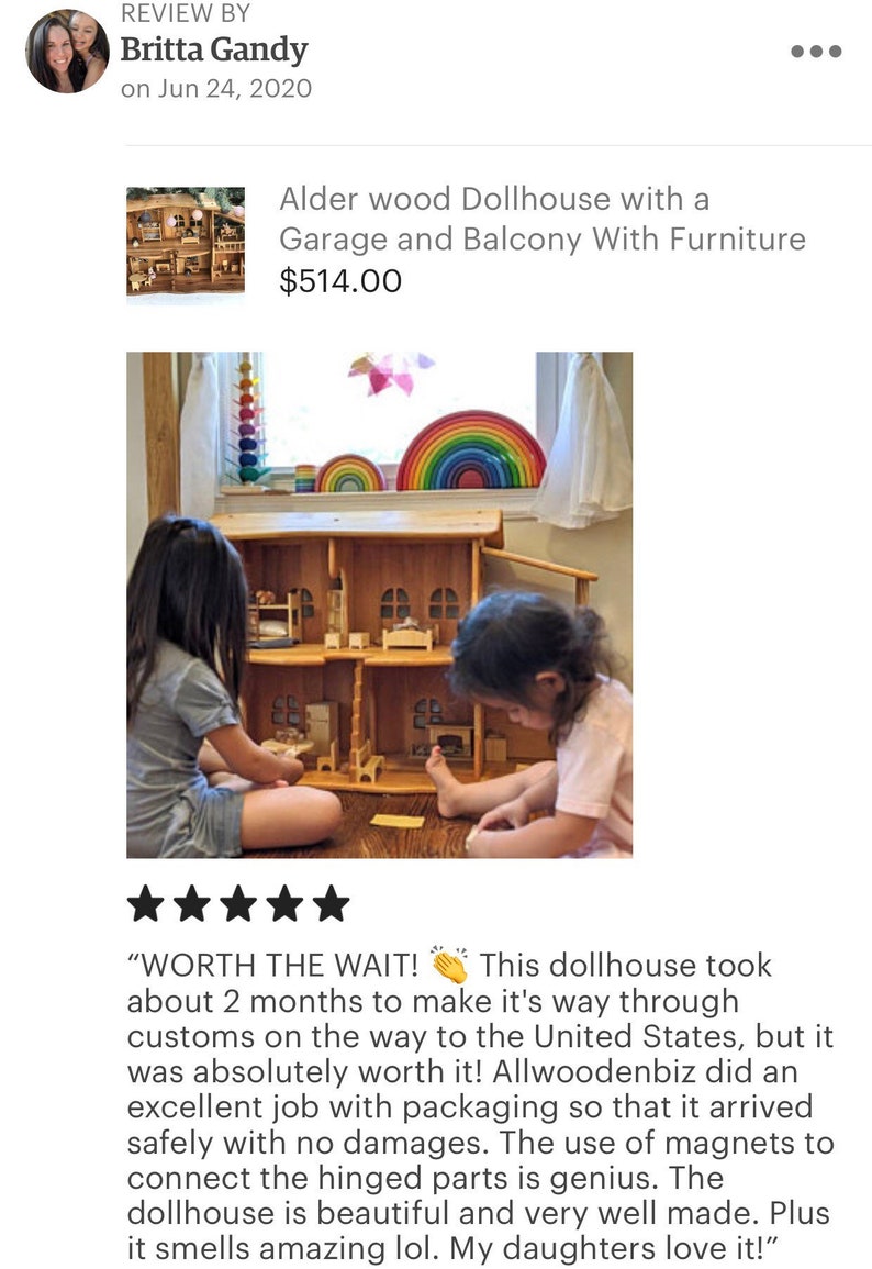 Wooden Dollhouse Christmas Kids Gifts 1st Birthday Alder wood Dollhouse with Fireplace & Redwood furniture Dollhouse kit Wooden Eco Toy image 6