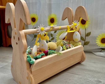Wooden Basket Easter Bunny 1st Easter gift Box  Kids Books organizer Flowers Egg Hunt Gift Basket Montessori waldorf