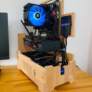 Open Wooden Computer System Unit for ATX Motherboard – Handcrafted Alder Wood Case under desk computer stand