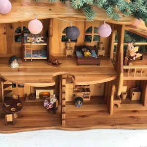 Wooden Dollhouse Christmas Kids Gifts 1st Birthday Alder wood Dollhouse with Fireplace & Redwood furniture Dollhouse kit Wooden Eco Toy image 1