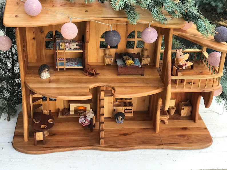 Wooden Dollhouse Christmas Kids Gifts 1st Birthday Alder wood Dollhouse with Fireplace & Redwood furniture Dollhouse kit Wooden Eco Toy image 1