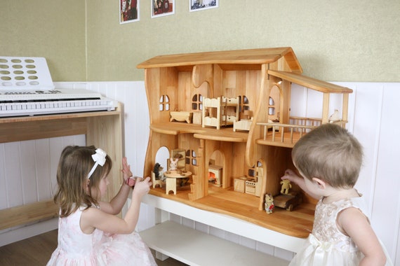 Wooden Doll House Toy with 16 Piece Doll-House Furniture Set –