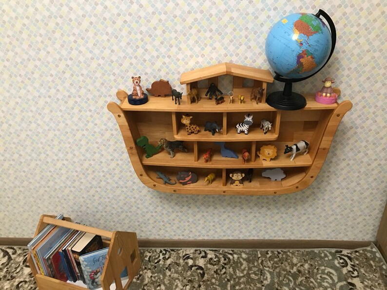 Montessori Inspired Shelf Christmas 1st birthday gift for kid Nursery Wall Wooden Waldorf toy Noah's ark Montessori Kid Bookshelf Bookcase image 2