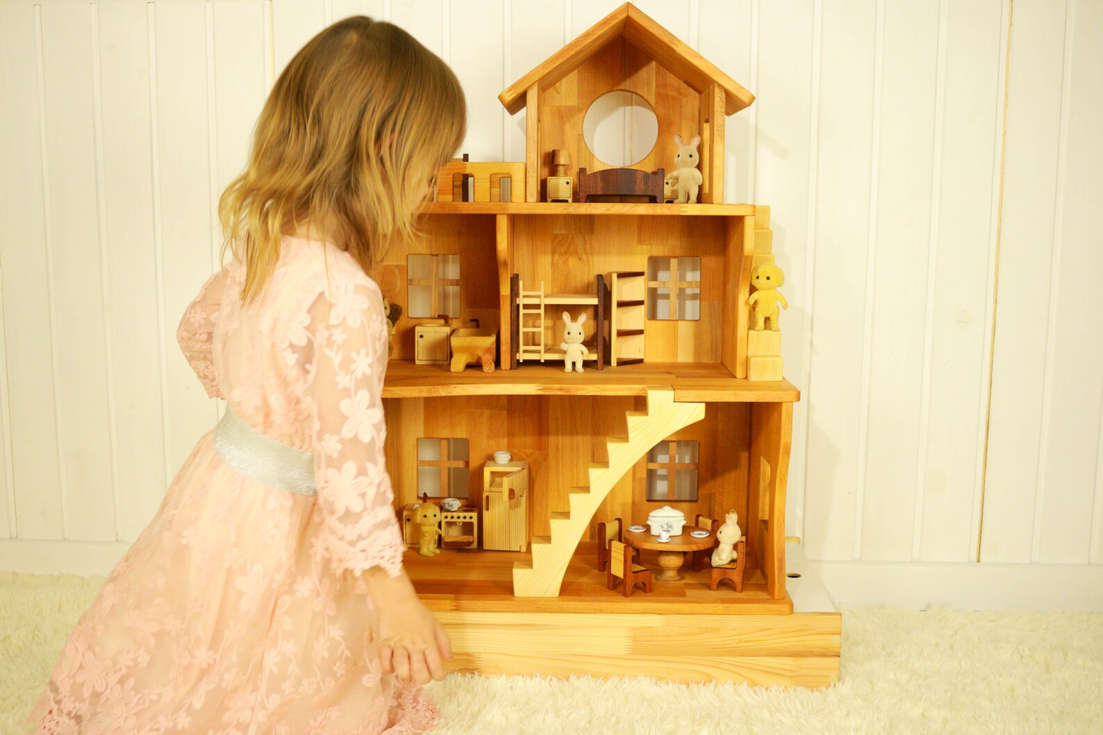 Large Wooden Dollhouse Kit Dollhouse with Red wood furniture Etsy