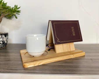 Wooden Bookmark Holder Unique Book Lover Gift organizer Gift for a teacher Nightstand Side Table  Place Holder with Coffee Tea Cup Coaster