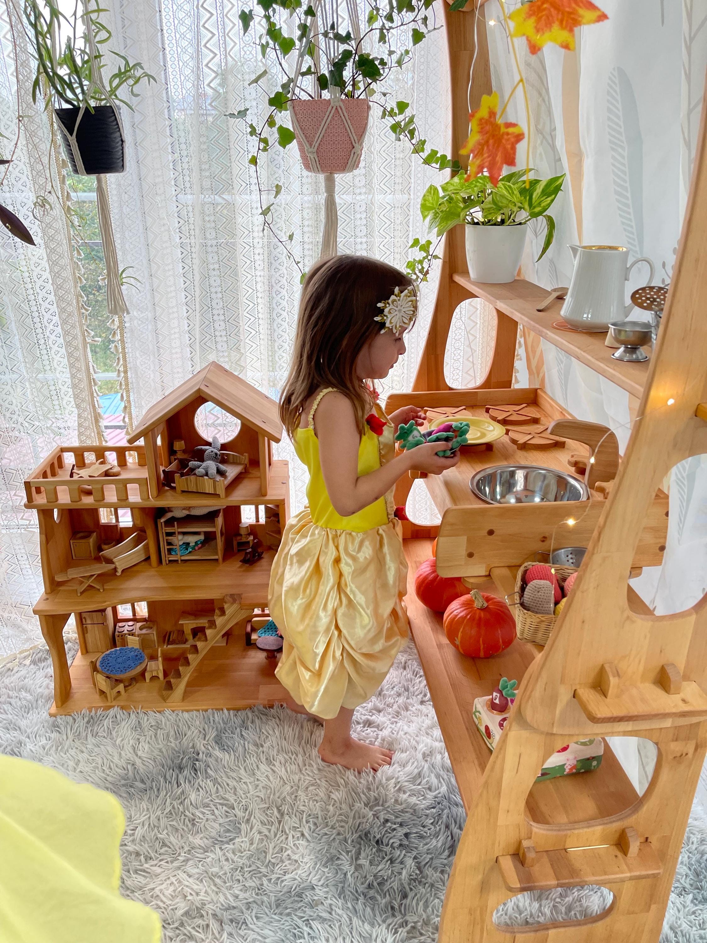 Large Pink Wooden Dollhouse With Furniture For Girls, Rooms