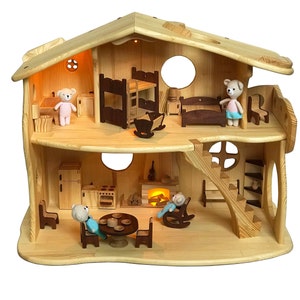 Waldorf Dollhouse 1st Bithday gift Large Wood Dollhouse Fireplace & Red-wood Furniture 1:16 Scale Forest Creatures illuminated house