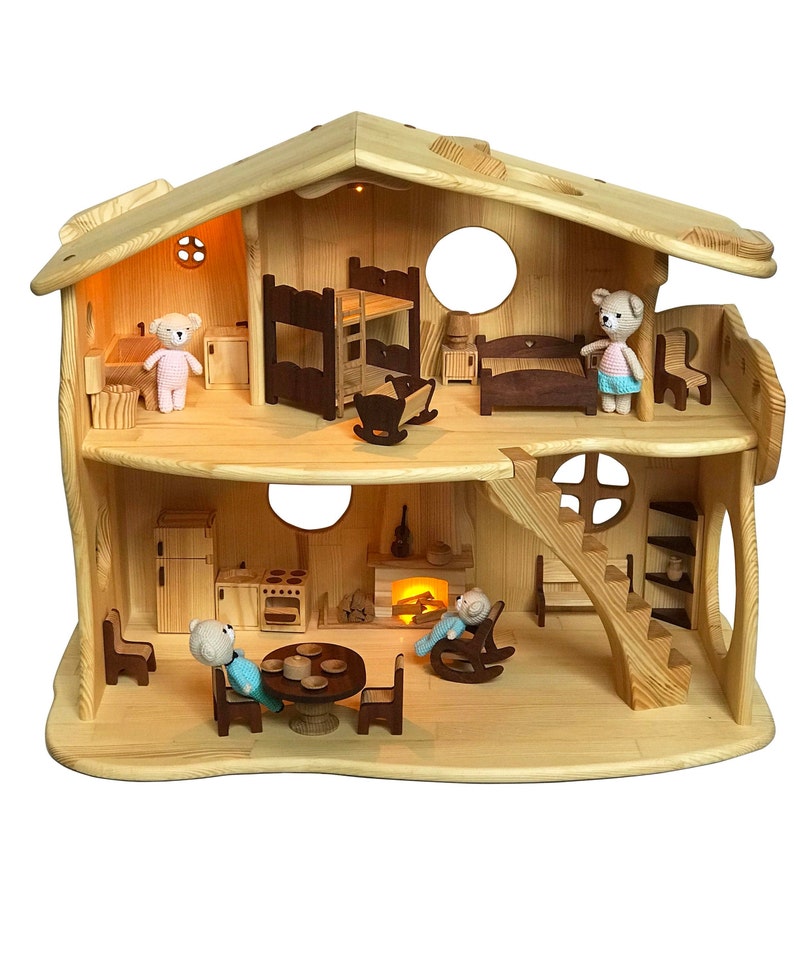 Waldorf Dollhouse 1st Bithday gift Large Wood Dollhouse Fireplace & Red-wood Furniture 1:16 Scale Forest Creatures illuminated house