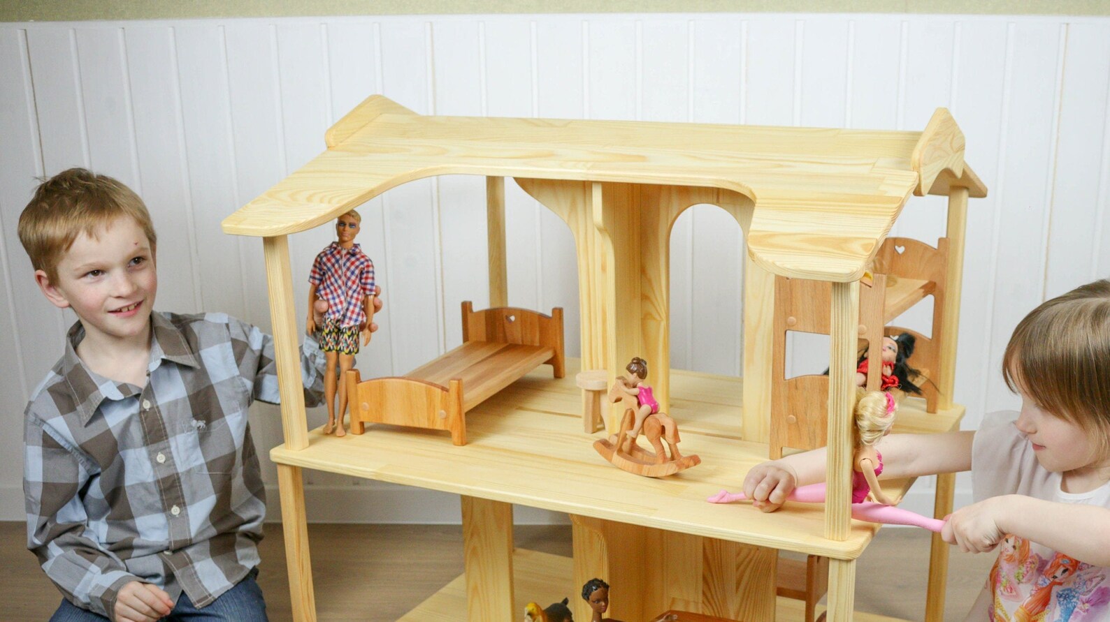 Barbie bed Wooden toy bed Wooden dollhouse furniture Toy Etsy