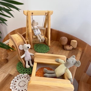 Muebles Maileg, casa de muñecas Montessori, juego de juguetes de madera con arenero, columpio, tobogán, regalos de Navidad para niños, cumpleaños, casa de muñecas Waldorf