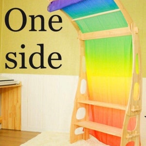 May include: A wooden playhouse with a rainbow-colored fabric canopy. The playhouse has three shelves and is made of natural wood. The text "One side" is visible in the image.