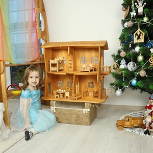 Christmas kids gift Wooden dollhouse 1st Birthday gift Waldorf house with furniture 1:16 Scale 3/4 Handmade Wooden Eco Toy Dollhouse kit