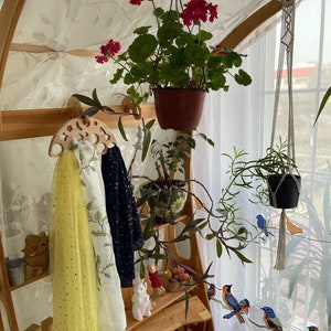 May include: A wooden rack with two scarves hanging on it. The rack is decorated with a crescent moon and stars. There are plants and flowers in pots hanging from the rack.