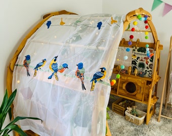 White Embroidered birds fabric Waldorf leaves Canopy for Playstands Christmas Kids Birthday gift Scarf Chiffon Canopy playhouse Montessori