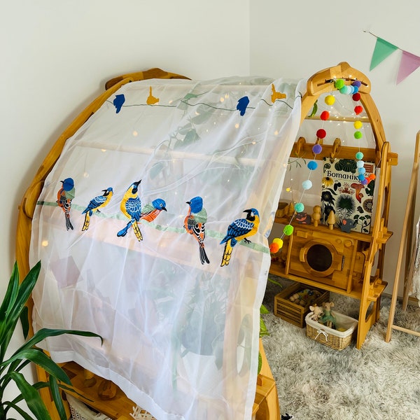 White Embroidered birds fabric Waldorf leaves Canopy for Playstands Christmas Kids Birthday gift Scarf Chiffon Canopy playhouse Montessori