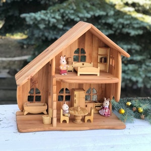 Dollhouse With Furniture Christmas Birthday gift for kid Montessori waldorf playhouse Alderwood scale 1:16  Wooden Eco toy, Fairy house