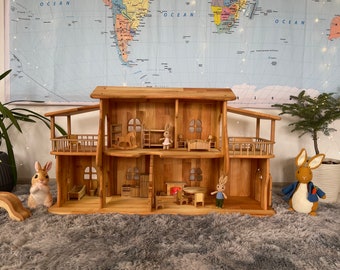Wooden Dollhouse Christmas Kids Gifts 1st Birthday Alder wood Dollhouse with Fireplace & furniture Dollhouse kit Wooden Eco Toy