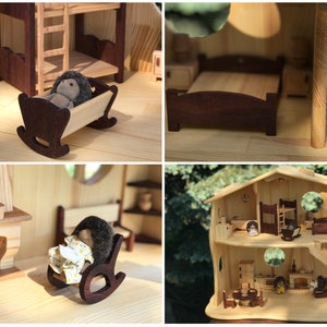 Waldorf Dollhouse 1st Bithday gift Large Wood Dollhouse Fireplace & Red-wood Furniture 1:16 Scale Forest Creatures zdjęcie 6